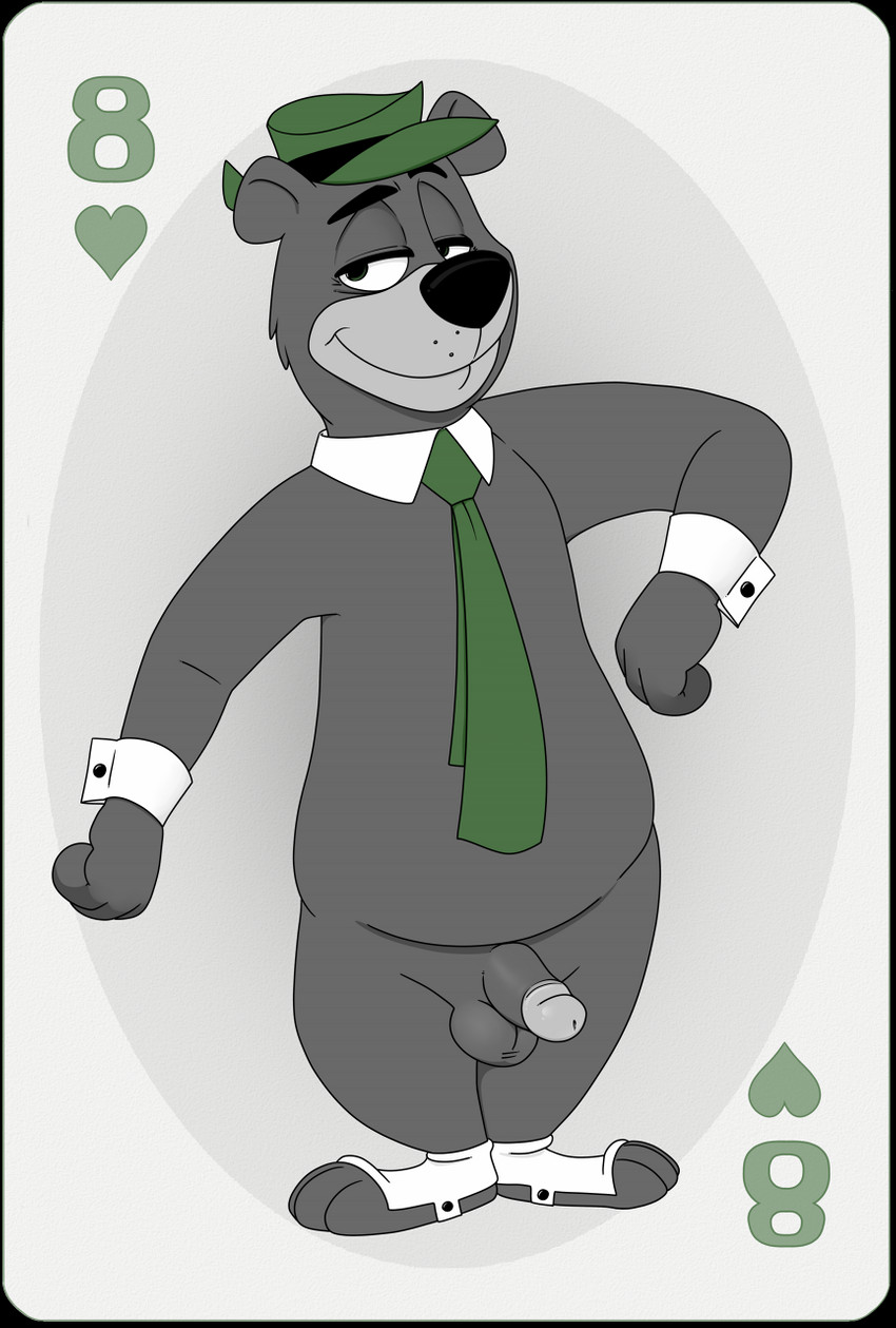 anthro balls bottomless card card_template clothed clothing collar cuff_links cuffs_(clothing) eight_of_hearts erection genitals half-closed_eyes hat headgear headwear heart_symbol hearts_(suit) humanoid_genitalia humanoid_penis looking_at_viewer male narrowed_eyes necktie penis playing_card playing_card_template pork_pie_hat simple_background smile solo spats standing neenya hanna-barbera yogi_bear yogi_bear_(character) bear mammal hi_res