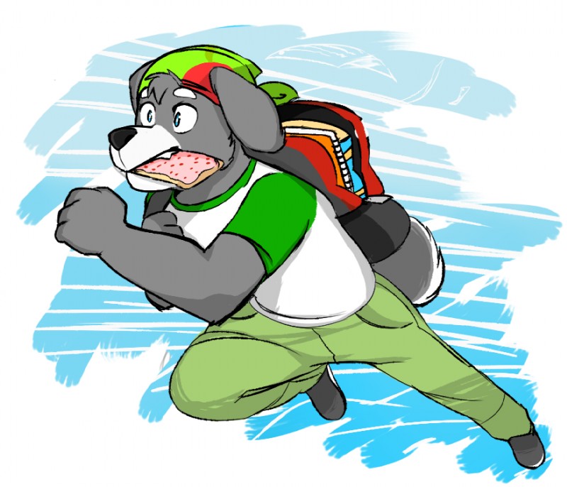 action_pose anthro backpack black_nose blue_eyes bread clothing eat_and_run food fur grey_body grey_fur male pose running shirt solo tail toast topwear genchi pop-tarts canid canine canis domestic_dog mammal