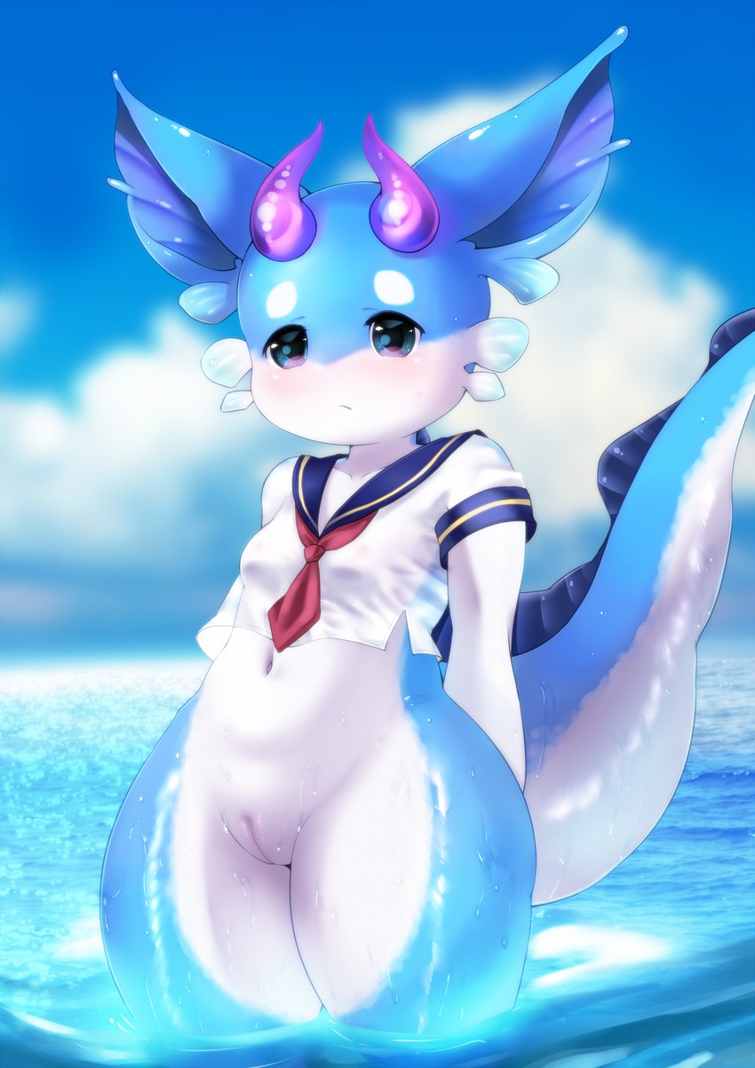 anthro asian_clothing biped blue_body blue_eyes blush bottomless breasts closed_frown clothed clothing crop_top dress_shirt east_asian_clothing exposure_variation eyebrows female frill_(anatomy) genitals horn innie_pussy japanese_clothing japanese_school_uniform kemono kerchief loli multicolored_body navel neckerchief neckwear nipples outside partially_submerged pear-shaped_figure purple_horn pussy red_kerchief red_neckerchief sailor_collar school_uniform sea serafuku shirt small_breasts solo tail thick_tail thick_thighs topwear topwear_only translucent translucent_clothing translucent_shirt translucent_topwear two_tone_body uniform water wet wet_body white_body white_dress_shirt wide_hips young young_anthro young_female tororoudn mythology furappe_(tororoudn) aquatic_dragon dragon marine mythological_creature mythological_scalie scalie 2021 hi_res male_(lore)