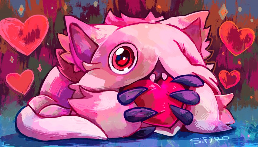 1_eye claws fur heart_symbol looking_at_viewer open_mouth painting pink_body pink_fur red_eyes sparkles tail tuft blitzdrachin conditional_dnp made_in_abyss mitty monster narehate 2023 digital_media_(artwork) digital_painting_(artwork) signature