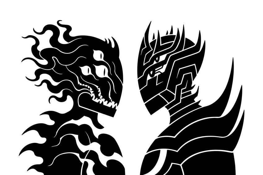 3_horns 4_eyes 8_horns ambiguous_gender arm_spikes back_spikes biped duo eye_contact flame_markings horn looking_at_another machine markings metal mouthless multi_eye multi_horn open_mouth pseudo_hair pupils sharp_teeth shoulder_spikes side_view silhouette simple_background slit_pupils spikes spikes_(anatomy) teeth tentacle_hair tentacles white_background sunnyclockwork scp_foundation mekhane_(scp_foundation) yaldabaoth_(scp_foundation) android deity flesh_creature humanoid robot 2017 3:2 black_and_white bust_portrait digital_drawing_(artwork) digital_media_(artwork) monochrome portrait