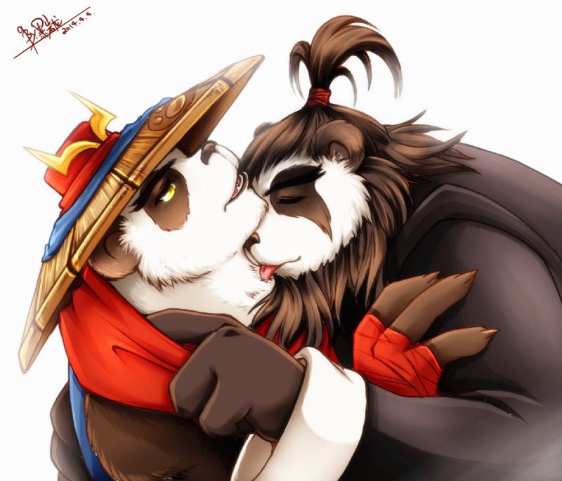 anthro black_body black_fur clothing duo eyes_closed fur hat headgear headwear hug licking male male/male overweight overweight_male simple_background tongue tongue_out white_background white_body white_fur warlocknyan blizzard_entertainment warcraft bear mammal pandaren 2014