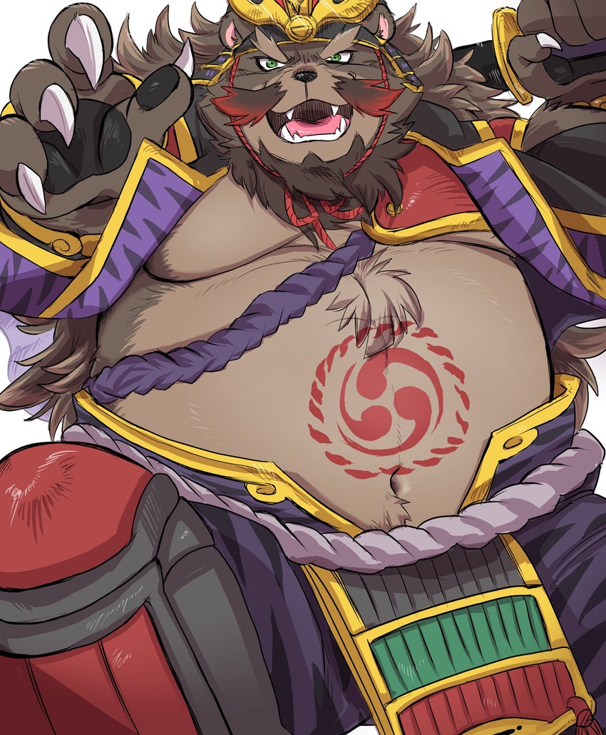 anthro armor asian_clothing belly big_belly brown_body brown_fur clothed clothing east_asian_clothing fur headgear helmet japanese_clothing kemono male moobs navel overweight overweight_male solo weapon shirokumaou sengoku_puzzle mammal 2023 hi_res