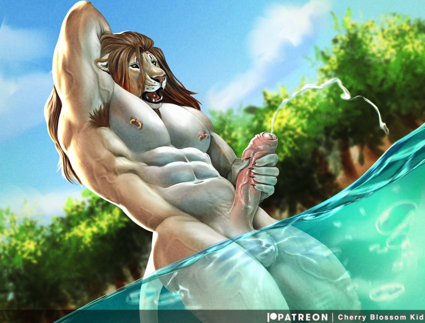 anthro balls big_muscles big_penis bodily_fluids brown_hair cloud cum cum_in_water cumshot dutch_angle ejaculation foreskin fur genital_fluids genitals hair humanoid_genitalia humanoid_penis male masturbation muscular muscular_anthro muscular_male nipple_piercing nipples nude obliques open_mouth partially_submerged penile penile_masturbation penis piercing plant serratus sky solo standing_in_water submerged_balls tan_body tan_fur tree vein veiny_muscles cherry_blossom_kid felid lion mammal pantherine hi_res