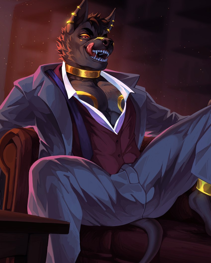 anthro black_body black_fur bottomwear bulge clothed clothing detailed_bulge dress_shirt ear_piercing ear_ring fully_clothed fur genital_outline licking licking_lips male markings muscular muscular_anthro muscular_male pants pecs penis_outline piercing ring_piercing sharp_teeth shirt solo spread_legs spreading suit teeth tongue tongue_out topwear yellow_markings dioni5 djoser_(psychoh13) anubian_jackal canid canine canis jackal mammal hi_res