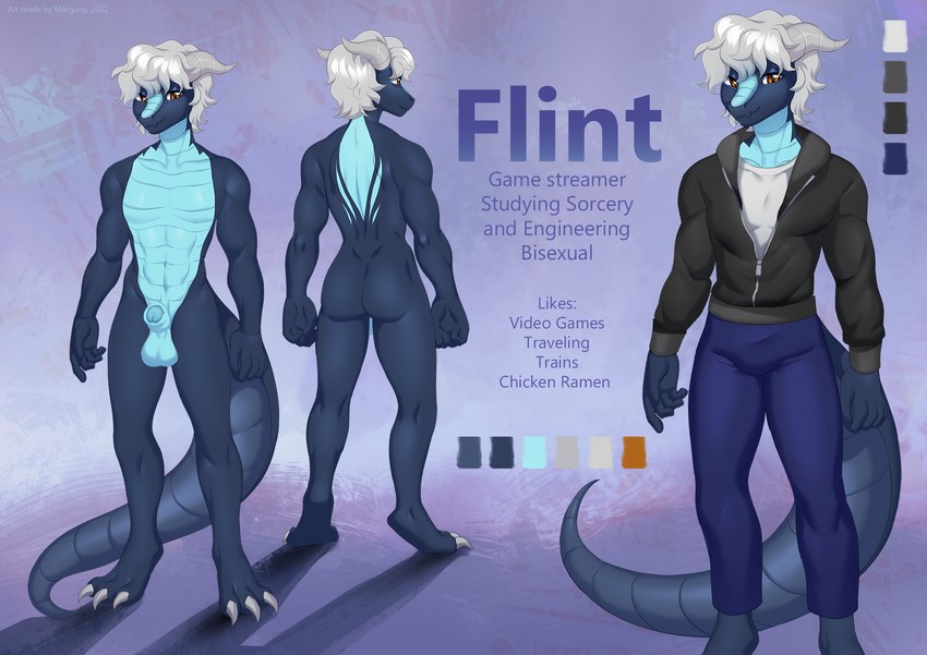 anthro balls bulge butt clothing femboy genitals horn male nude penis solo standing sweater tail text topwear margony mythology flint_(imperialempire848) dragon mythological_creature mythological_scalie scalie 2022 english_text hi_res model_sheet