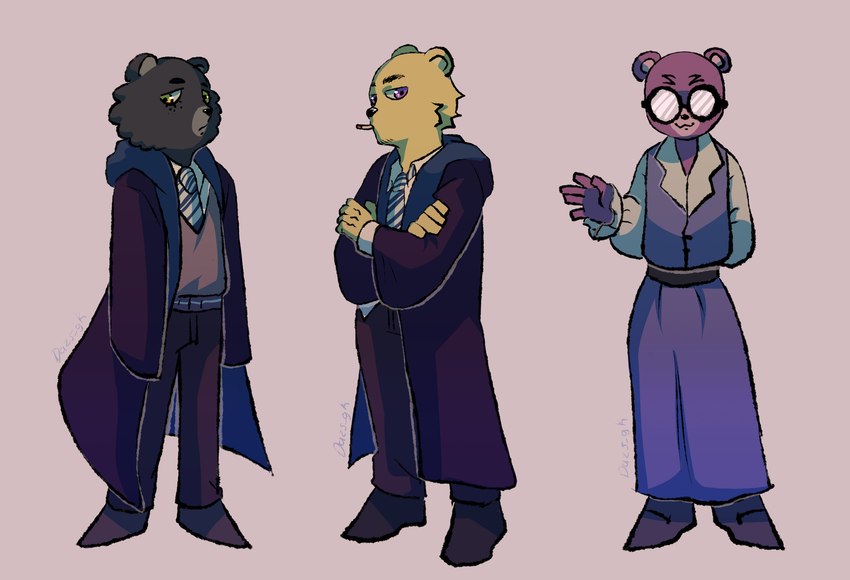 anthro bottomwear clothed clothing eyewear glasses group hogwarts_uniform necktie pants purple_body ravenclaw school_uniform shirt simple_background smoking topwear uniform yellow_body dazs_gk harry_potter_(series) unicorn_wars coco_(unicorn_wars) padre_(unicorn_wars) peludito_(unicorn_wars) bear mammal 2023 hi_res