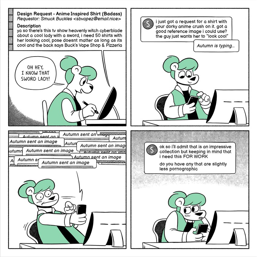 4_panel_comic anthro baseball_jacket biped black_clothing black_nose black_topwear blush cellphone chair clothing desk dialogue drawing_tablet electronics email eyelashes female furniture green_clothing green_hair green_outerwear green_topwear hair hair_bun holding_cellphone holding_object holding_phone holding_smartphone mouth_closed office_chair on_chair open_mouth phone sitting sitting_on_chair smartphone smile solo speech_bubble surprised table tablet_computer tablet_pen text texting topwear wide_eyed horseonvhs autumn_winters_(horseonvhs) summer_springs_(horseonvhs) bear mammal 1:1 comic english_text restricted_palette trans_(lore) trans_woman_(lore)