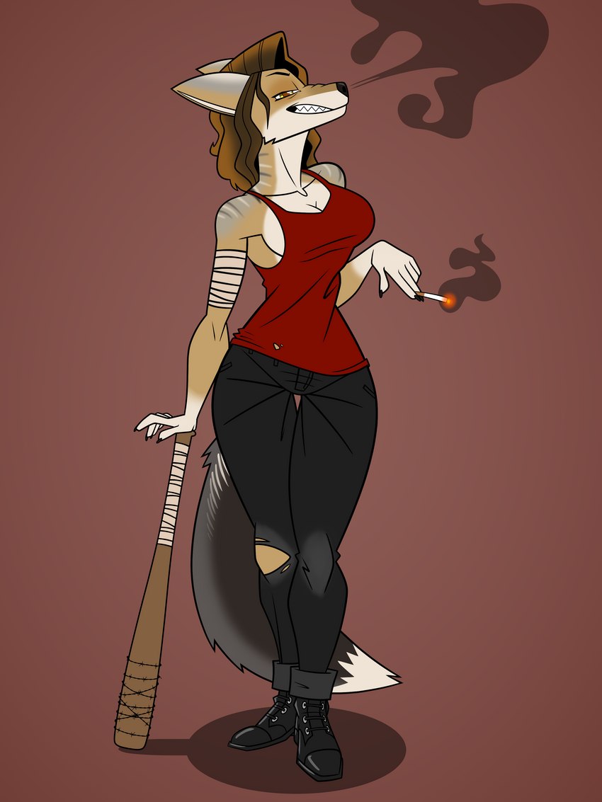 alternative_fashion anthro bandage clothed clothing female punk rocker smoking solo penny_prickles jane_carcano canid canine canis jackal mammal 3:4 absurd_res hi_res