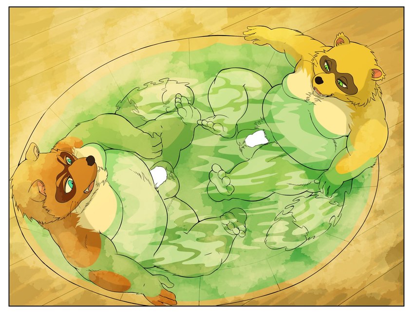 anthro balls barazoku bathing belly big_belly black_nose blue_eyes border brown_body brown_fur duo fill-in_censorship flaccid fur genitals green_eyes humanoid_genitalia humanoid_hands humanoid_penis kemono male male/male moobs overweight overweight_male penis water white_border hysk sengoku_puzzle shadow_ieyasu tokugawa_ieyasu canid canine mammal raccoon_dog tanuki 2022 censored