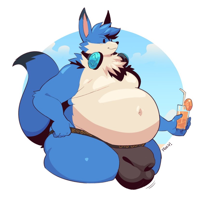 anthro balls balls_outline beach belly beverage big_balls big_belly big_bulge black_body black_fur blue_body blue_fur border bulge clothing cloud container countershading cup detailed_bulge dipstick_ears dipstick_tail ear_markings electronics food fruit fur genital_outline genitals glass glass_container glass_cup head_tuft headphones holding_object huge_bulge jockstrap juice_(beverage) male markings moobs multicolored_ears navel neck_tuft orange_(fruit) orange_juice outside_border overweight overweight_male plant seaside sheath_outline simple_background simple_eyes solo tail tail_markings text text_on_clothing text_on_underwear thick_thighs tuft underwear white_body white_border white_fur roly bomberman hudson_soft konami boop_(musicarooey) louie_(bomberman) mammal 2022 english_text hi_res portrait shaded signature three-quarter_portrait