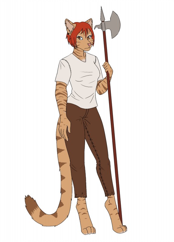 anthro bottomwear brown_bottomwear brown_clothing clothed clothing ear_piercing eyelashes female fully_clothed fur halberd looking_at_viewer melee_weapon orange_body orange_eyes orange_fur piercing pink_nose polearm shirt simple_background solo standing t-shirt topwear weapon white_background white_clothing white_topwear insanejoker jess_blackwood domestic_cat felid feline felis mackerel_tabby mammal tabby_cat 2014 absurd_res digital_media_(artwork) hi_res