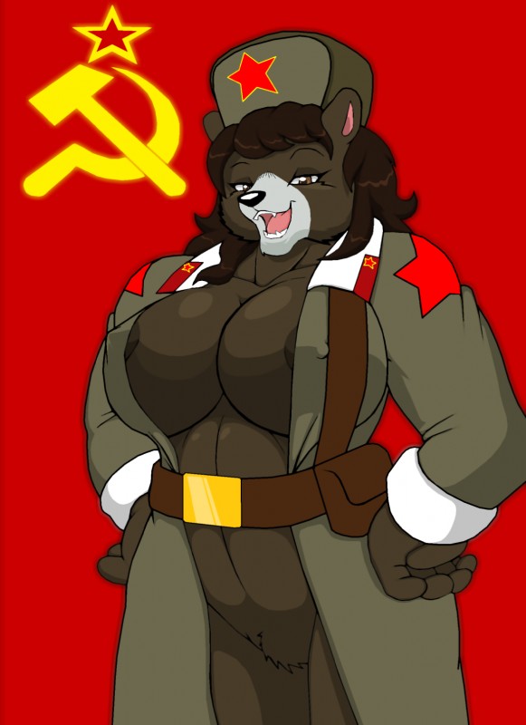 anthro areola areola_slip big_breasts black_nose bottomless breasts brown_hair clothed clothing fangs female hair hammer_and_sickle hands_on_hips hat headgear headwear huge_breasts jacket long_hair mature_anthro mature_female nipple_outline parody pose russia russian solo soviet_union star teeth topwear ushanka world_war world_war_2 droll3 anya_(droll3) bear mammal hi_res