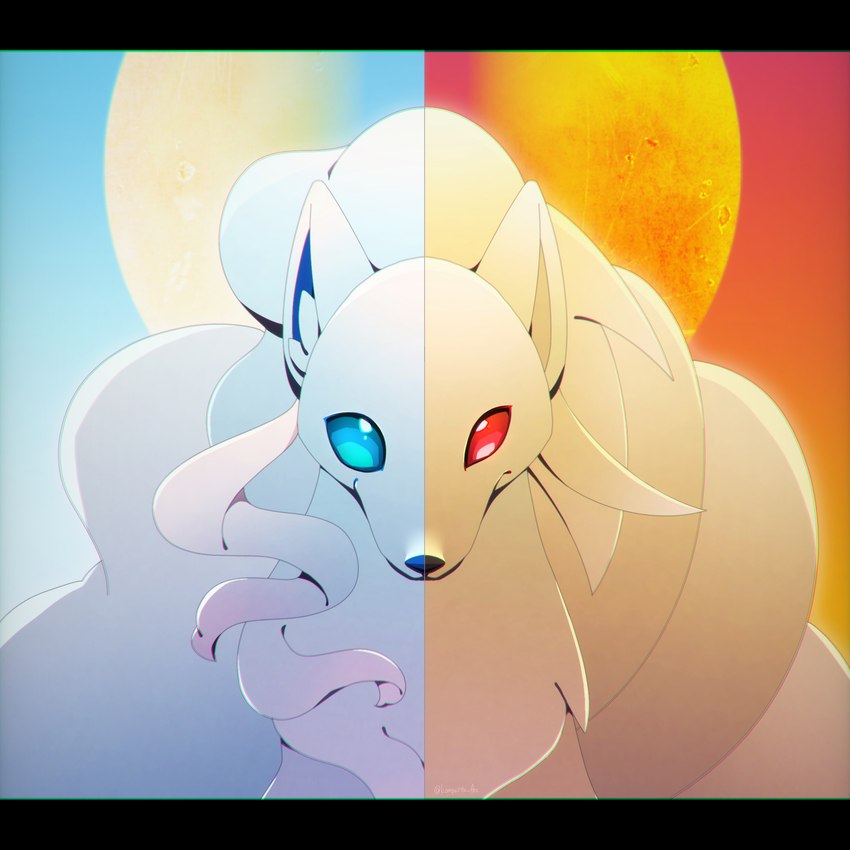 ambiguous_feral ambiguous_gender big_tail black_nose blue_eyes blue_inner_ear blue_nose detailed_background duo empty_eyes feral fluffy fluffy_tail front_view full_moon fur glistening glistening_eyes head_tuft inner_ear_fluff kemono looking_at_viewer monotone_body monotone_fur monotone_tail moon multi_tail neck_tuft night outside red_eyes red_sky sitting sky tail tuft white_body white_ears white_fur white_inner_ear_fluff white_tail yellow_body yellow_ears yellow_fur yellow_inner_ear yellow_tail kompeito nintendo pokemon alolan_form alolan_ninetales canid canine generation_1_pokemon generation_7_pokemon mammal ninetales pokemon_(species) regional_form_(pokemon) 1:1 2024 bust_portrait colored digital_media_(artwork) hi_res letterbox portrait shaded signature