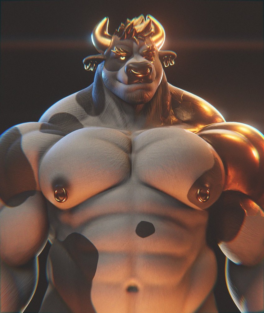 2_horns abs anthro biceps black_background black_body black_fur black_sclera blind_eye blonde_hair deltoids ear_piercing ear_ring eye_scar facial_hair facial_piercing facial_scar fur goatee gold_lighting gold_ring hair horn looking_at_viewer male markings multicolored_body multicolored_fur muscular muscular_anthro muscular_male navel nipple_piercing nipple_ring nipples nose_piercing nose_ring orange_lighting pecs piercing ring_piercing scar septum_piercing septum_ring shirtless simple_background solo spots spotted_body spotted_fur two_tone_body two_tone_fur white_body white_fur yellow_eyes yellow_horn yellow_lighting dukesmith3d duke_smith_(character) bovid bovine cattle mammal 2023 3d_(artwork) digital_media_(artwork) hi_res