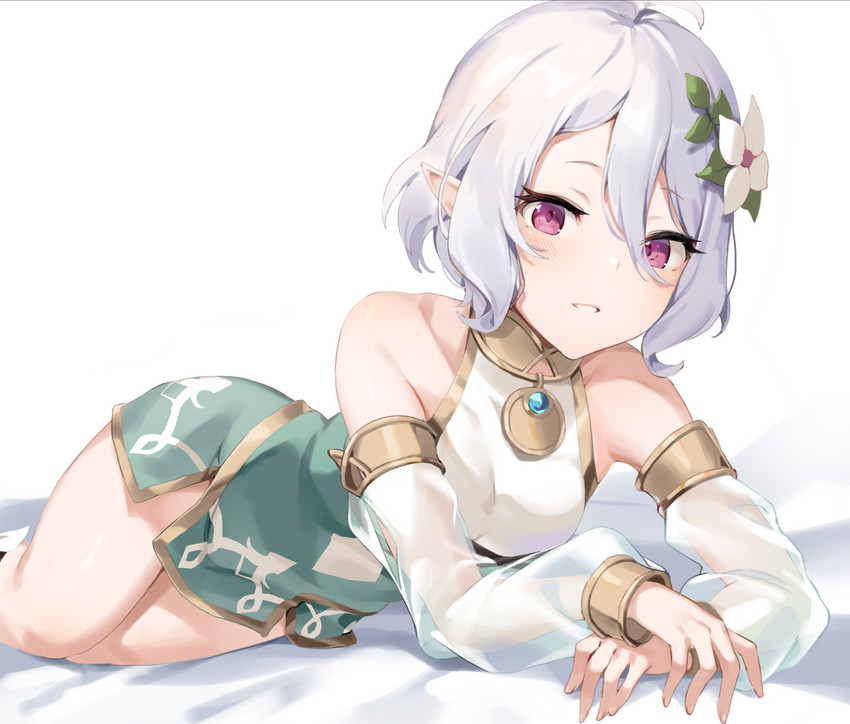 accessory armwear clothed clothing detached_sleeves female flower flower_in_hair grey_hair hair hair_accessory humanoid_pointy_ears not_furry pink_eyes plant pointy_ears solo ikomochi cygames princess_connect! princess_connect!_re:dive kokkoro_(princess_connect!) elf humanoid 2020 hi_res