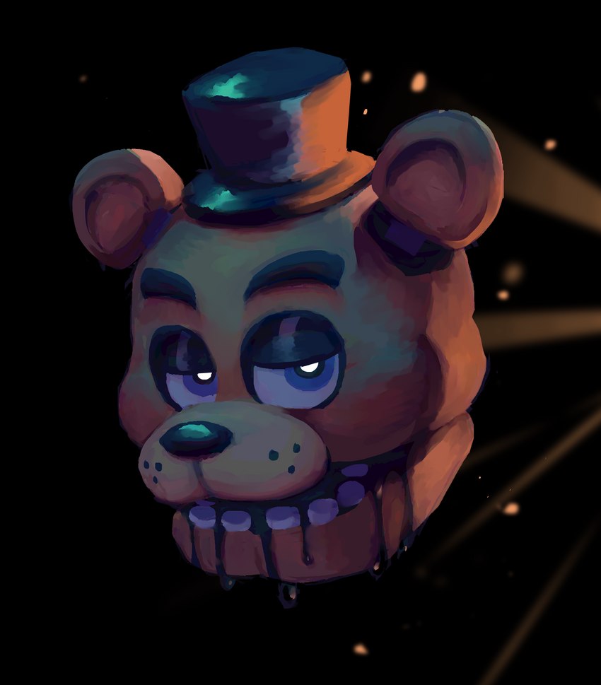 anthro black_background black_nose blood blue_eyes bodily_fluids brown_body clothing eyebrows half-closed_eyes hat headgear headwear machine male narrowed_eyes simple_background solo teeth skylordlysander five_nights_at_freddy's scottgames freddy_(fnaf) animatronic bear mammal robot digital_media_(artwork) headshot_portrait hi_res portrait