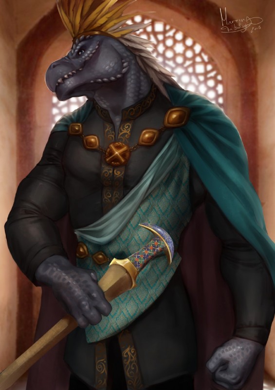 anthro blue_eyes cape clothing crown feathers grey_body grey_skin headgear holding_melee_weapon holding_object holding_sword holding_weapon king looking_at_viewer male melee_weapon muscular muscular_anthro muscular_male royalty solo standing sword teeth weapon thescarletartist dinosaur fals prehistoric_species reptile scalie 2018 half-length_portrait hi_res portrait