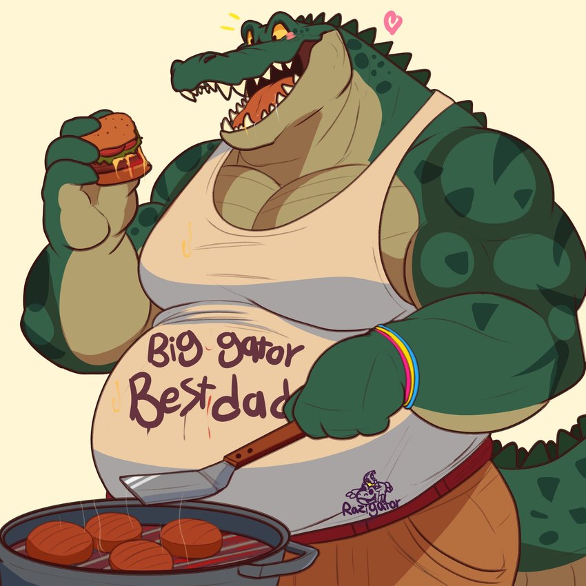 accessory anthro belly belly_overhang biceps big_belly big_muscles blush body_writing bottomwear burger clothed clothing cooking deltoids eating food grill grilling heart_symbol holding_food holding_object huge_belly huge_muscles lgbt_pride male meat moobs multicolored_accessory multicolored_wristband musclegut muscular muscular_anthro muscular_male open_mouth open_smile overweight overweight_anthro overweight_male pansexual_pride_colors pants pecs pride_color_accessory pride_color_wristband pride_colors scales shirt simple_background smile solo spatula standing tank_top teeth text thick_arms thick_thighs tongue tools topwear white_background wristband writing_on_belly razigator alligator alligatorid crocodilian reptile scalie 1:1 2024 english_text hi_res signature