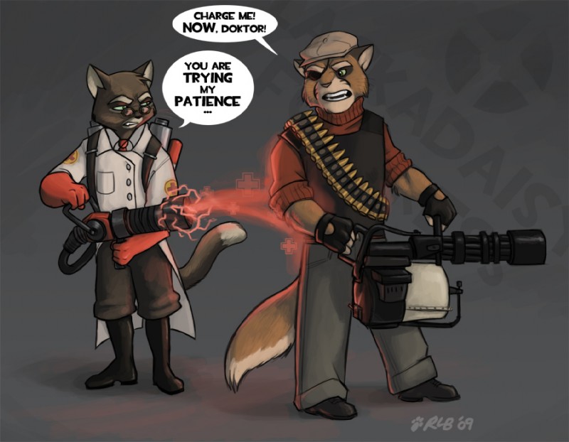 anthro clothing countershading dialogue duo eye_patch eyewear fingerless_gloves gatling_gun glasses gloves gun handwear hat headgear headwear machine_gun male medi_gun minigun ranged_weapon tail text weapon kobb kobbers lackadaisy team_fortress_2 valve heavy_(team_fortress_2) medic_(team_fortress_2) mordecai_heller viktor_vasko domestic_cat felid feline felis mammal 2009 crossover english_text