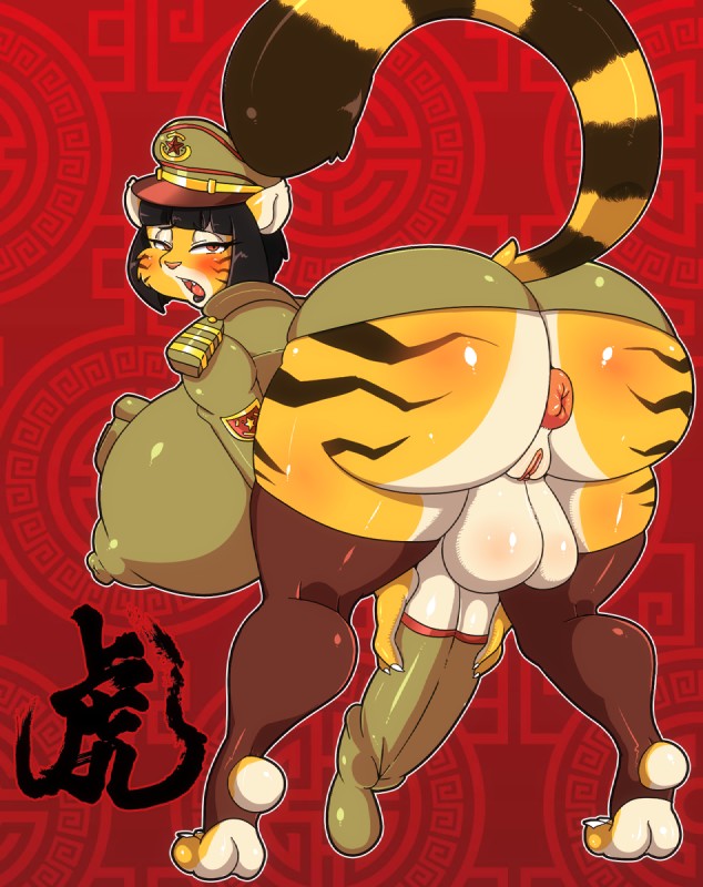 anthro anus bent_over big_breasts big_butt blush breasts butt chinese clothing communism erection footwear genitals hat headgear headwear herm huge_breasts humanoid_genitalia humanoid_penis intersex legwear looking_at_viewer looking_back military_uniform penis politics pussy simple_background socks solo stirrup_socks stockings uniform lollipopcon baojun felid mammal pantherine tiger hi_res