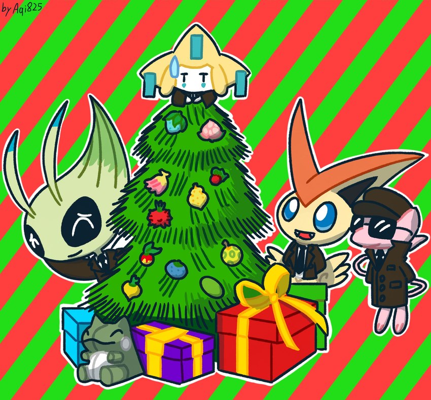 ambiguous_gender berry box christmas_tree clothing container eyewear feral food fruit gift_box giftbox group holidays necktie open_mouth plant smile suit sunglasses tail tree white_body aqidee christmas nintendo pokemon substitute_doll celebi generation_1_pokemon generation_2_pokemon generation_3_pokemon generation_5_pokemon jirachi legendary_pokemon mew_(pokemon) pokemon_(species) victini digital_media_(artwork) hi_res