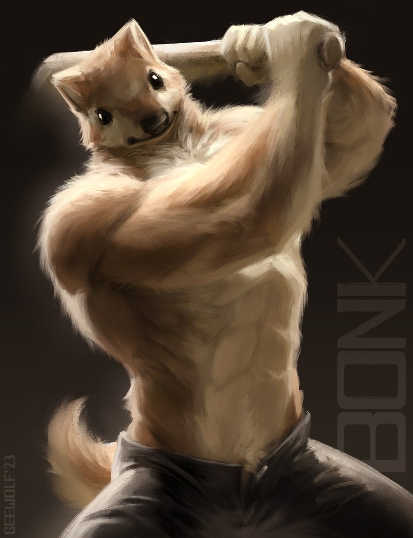 abs angry anthro baseball fluffy larger_male male muscular muscular_male shirtless size_difference solo tail geewolf bonk_(meme) canid canine canis domestic_dog mammal shiba_inu spitz 2023 digital_media_(artwork) signature