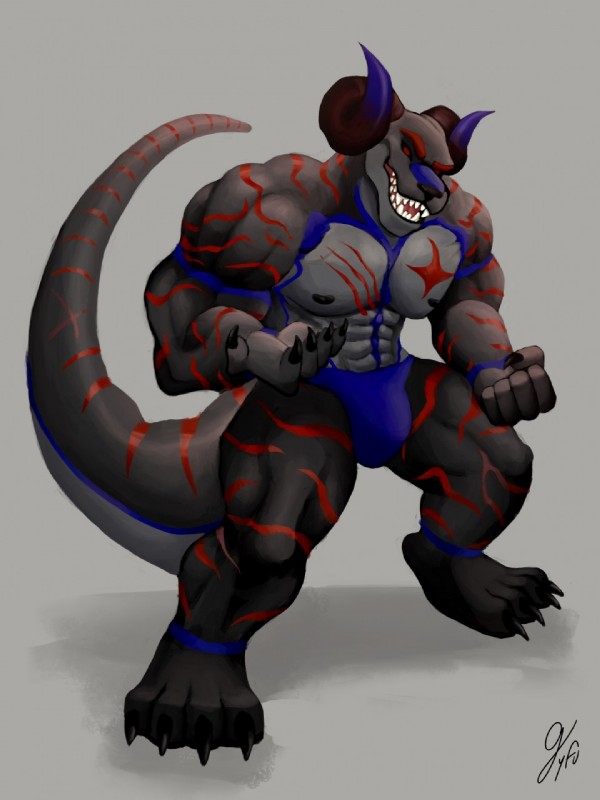 abs anthro biceps claws clothing fangs fist horn jockstrap long_tail male muscular muscular_anthro muscular_male nipples pecs scar solo standing stripes tail teeth underwear gyfu leon_hatarie canid canine canis demon dinosaur equid equine horse mammal prehistoric_species reptile scalie theropod tyrannosaurid tyrannosauroid tyrannosaurus tyrannosaurus_rex wolf 3:4 hi_res