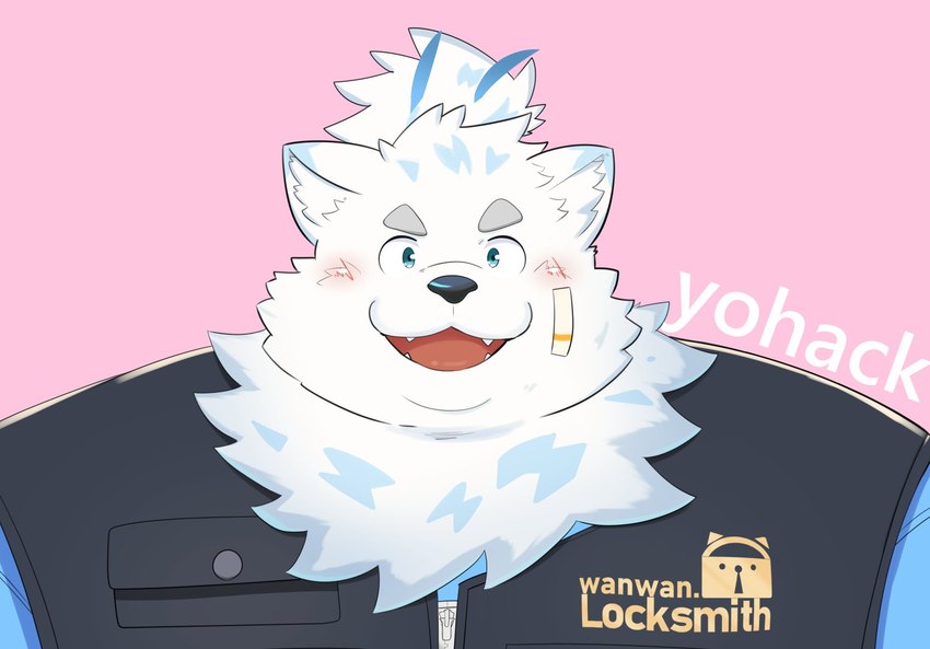 anthro bandage blue_clothing blue_eyes blush clothing fur locksmith male solo topknot topwear vest white_body white_fur kamakitoron kumatoron lifewonders live_a_hero yohack canid canine canis domestic_dog mammal nordic_sled_dog samoyed spitz bust_portrait portrait