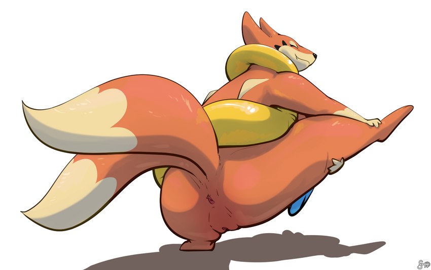 anthro anus eyes_closed female fur genitals hand_on_leg multi_tail nude on_one_leg orange_body pussy raised_leg raised_tail rear_view simple_background smile solo standing stretching tail white_background fizzpop nintendo pokemon floatzel generation_4_pokemon pokemon_(species) hi_res