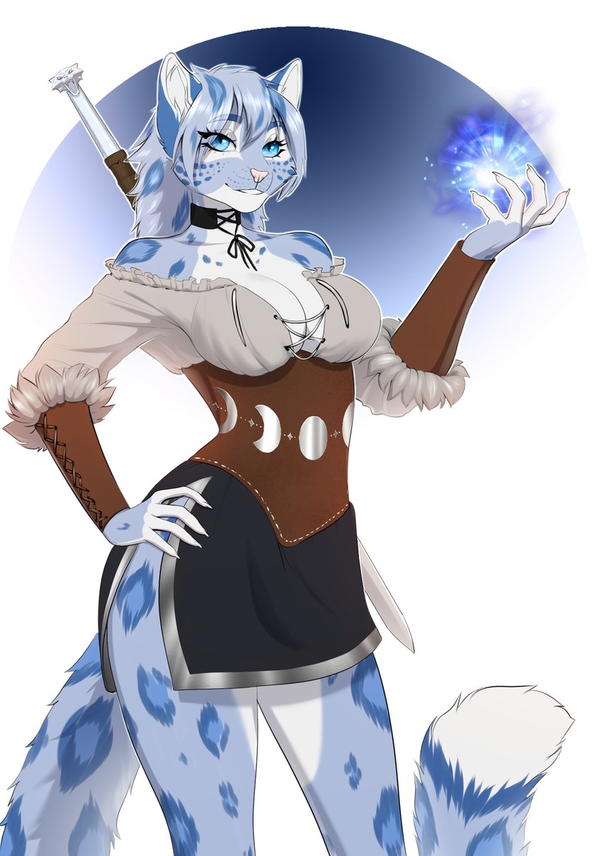 anthro armlet blue_body blue_eyes blue_hair blue_spots breasts choker claws cleavage clothed clothing corset female fingers front_view fur grey_body grey_fur hair hand_on_hip inner_ear_fluff jewelry lingerie long_hair magic magic_glow magic_user melee_weapon necklace raised_hand shirt simple_background smile solo spots sword sword_on_back tail topwear tuft underbust_corset weapon white_background amur microsoft the_elder_scrolls m'ria_(maks_hunt) felid feline khajiit leopard mammal pantherine snow_leopard 2024 detailed digital_media_(artwork) hi_res