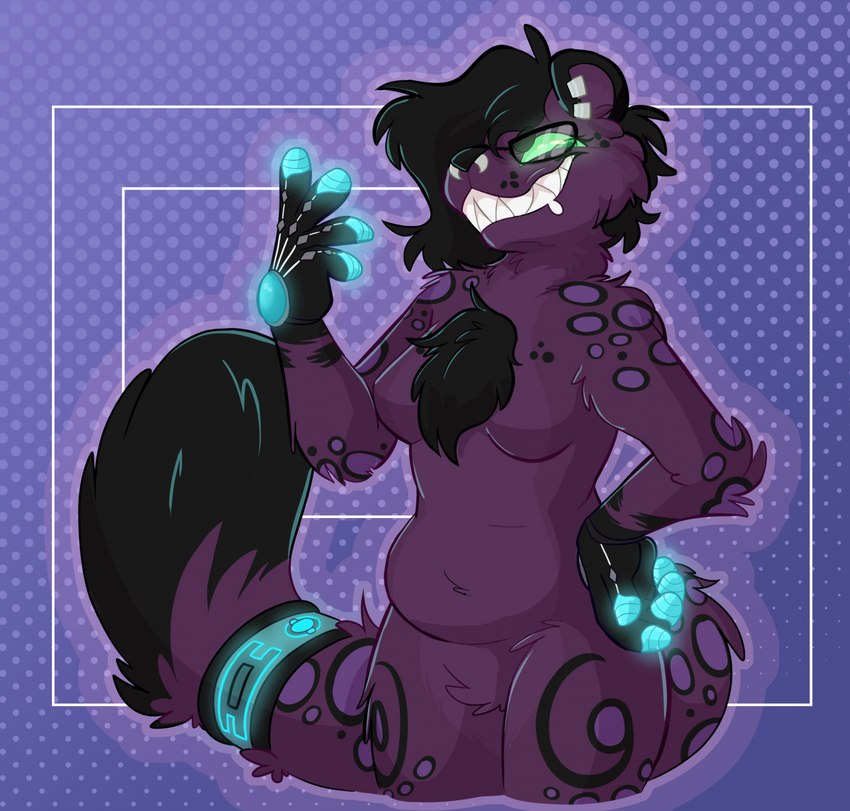 anthro clothing eyewear female fur glasses gloves glowing glowing_eyes glowing_fingers handwear piercing purple_body purple_fur sharp_teeth solo synthetic teeth impcreature nurithenerd nuri_(nurithenerd) felid leopard mammal pantherine snow_leopard hi_res