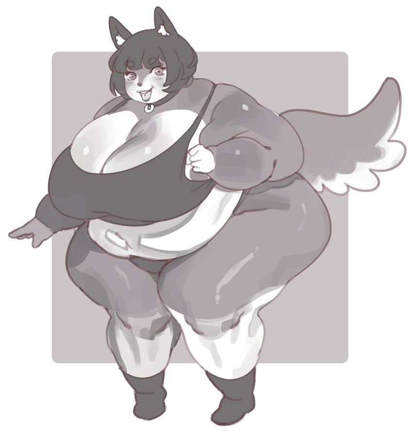 anthro arm_rolls belly belly_overhang big_belly big_breasts biped blush blush_lines boots breasts chubby_cheeks cleavage clothed clothing collar crop_top fat_arms female footwear full_nelson fur grey_background hair huge_breasts huge_hips inner_ear_fluff looking_at_viewer navel obese obese_anthro obese_female open_mouth open_smile overweight overweight_anthro overweight_female panties shirt shoes short_hair simple_background smile solo standing tail tank_top teeth thick_thighs three-quarter_view tongue tongue_out topwear tuft underwear wide_hips kafekafei sasha_(kafekafei) canid canine canis domestic_dog mammal 2023 absurd_res greyscale hi_res monochrome