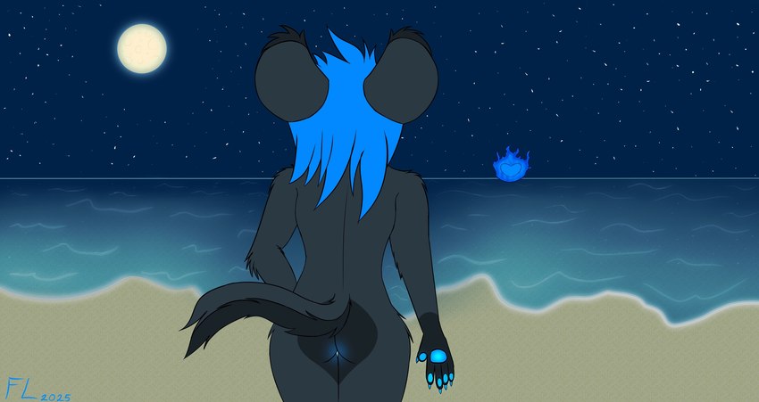 anthro beach big_butt black_body black_fur blue_claws blue_hair blue_pawpads butt claws female fur grey_body grey_fur hair moon mouse_ears multicolored_body night pawpads rear_view sea standing star text two_tone_body water wolf_tail the_fires_(artist) canid canine canis hybrid mammal mouse murid murine rodent wolf 2025 dated digital_drawing_(artwork) digital_media_(artwork) english_text hi_res signature