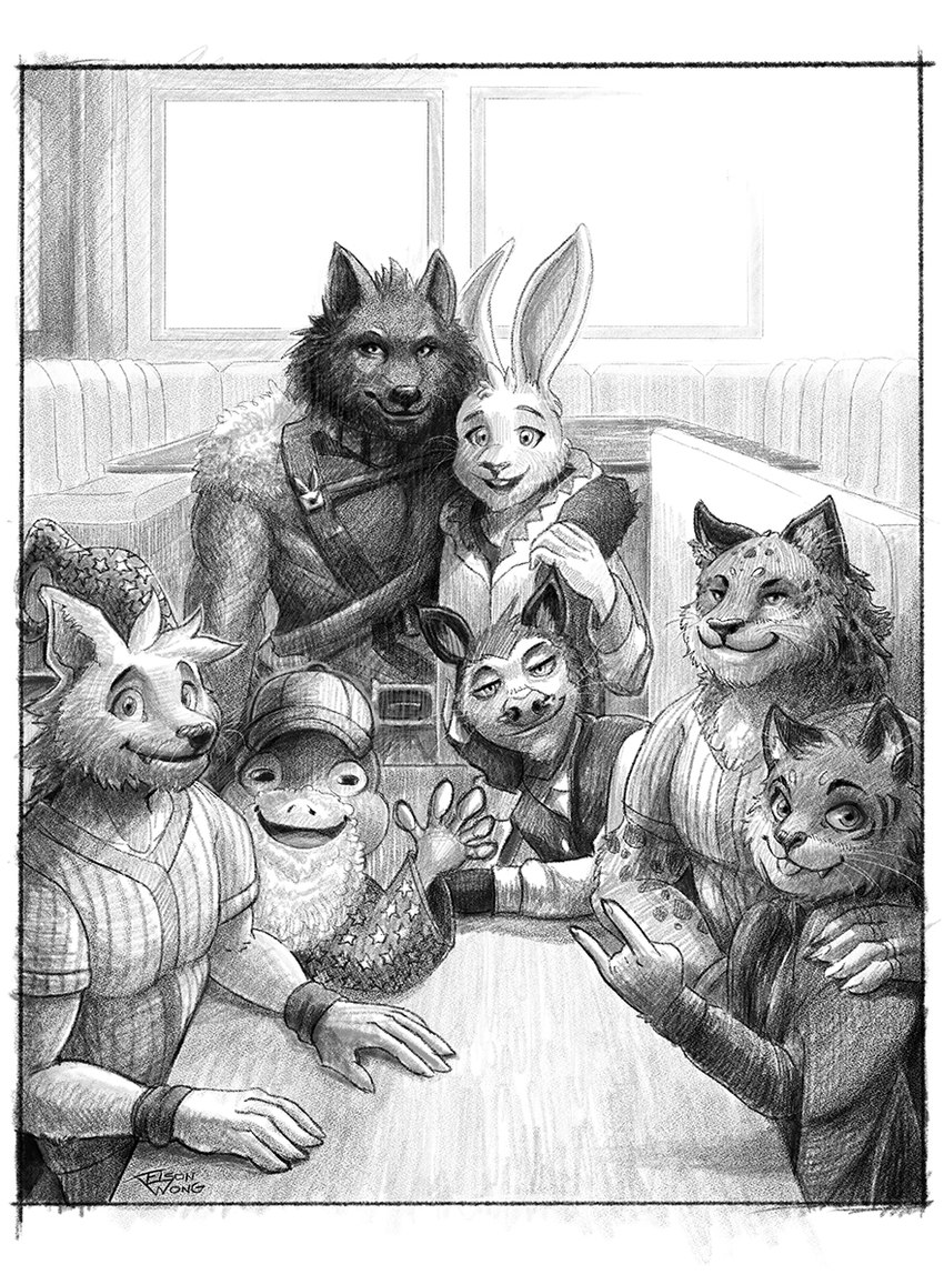 anthro clothing costume fur furniture group group_photo group_picture hair looking_at_viewer male markings multicolored_body multicolored_fur muscular muscular_anthro muscular_male pose restaurant sitting smile smiling_at_viewer spots spotted_body spotted_fur standing striped_body striped_fur stripes table two_tone_body two_tone_fur darkspeeds i_think_i_like_you dev_(i_think_i_like_you) leon_(i_think_i_like_you) ray_(i_think_i_like_you) red_(i_think_i_like_you) sky_(i_think_i_like_you) theodore_(i_think_i_like_you) zeb_(i_think_i_like_you) american_opossum amphibian canid canine canis domestic_dog felid frog lagomorph leporid mammal marsupial pantherine rabbit snow_leopard tiger wolf monochrome