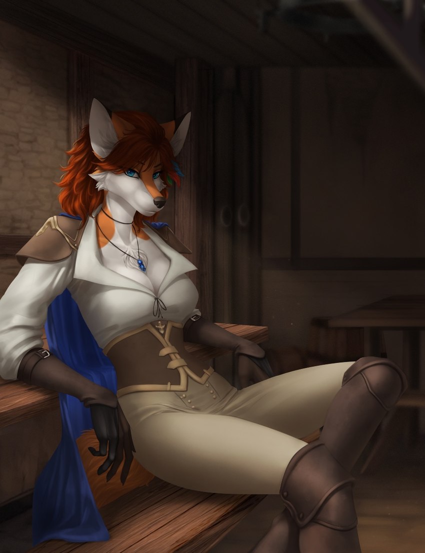 anthro blue_eyes breasts brown_hair clothed clothing eyebrows eyelashes female hair looking_at_viewer sitting solo elvofirida samantha_(syronck01) canid canine fox mammal red_fox true_fox 2022 digital_media_(artwork) hi_res