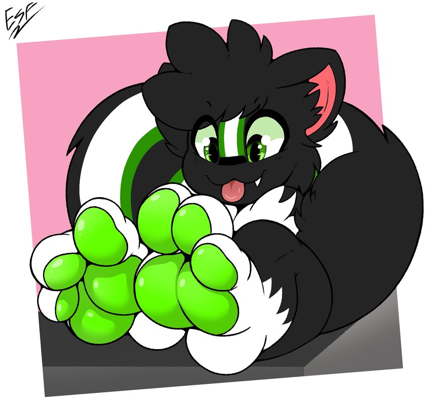 3_toes ambiguous_gender anthro black_body black_fur feet foot_focus fur green_paws humanoid_feet nude pawpads plantigrade sitting soles solo toes tongue tongue_out white_body white_fur electricsnowfox mammal mephitid skunk hi_res