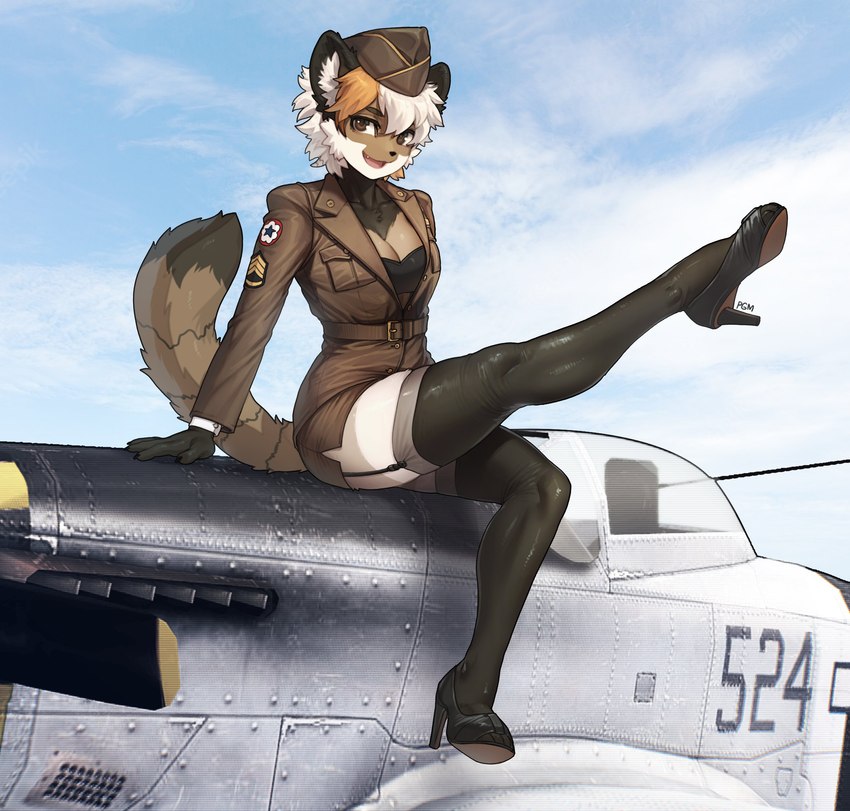 aircraft airplane anthro belt breasts candid clothing female footwear gloves handwear hat headgear headwear high_heels legwear looking_at_viewer military military_uniform open_mouth pose raised_leg shoes sitting solo uniform vehicle pgm300 p-51 kai_(okamisenpai) canid canine fox mammal p-51_mustang 2022 absurd_res hi_res pinup