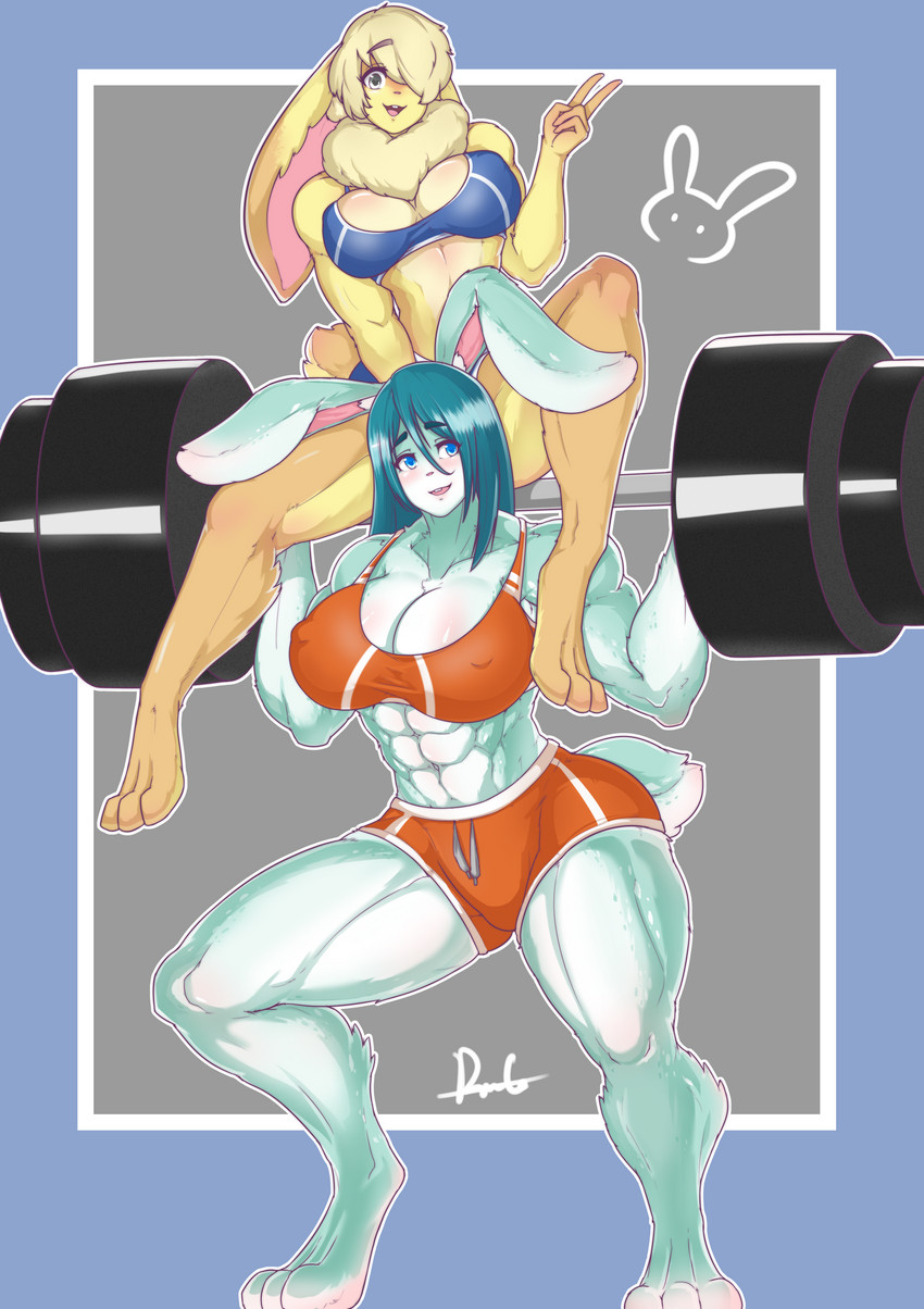 abs anthro barbell big_breasts blue_body blue_fur bottomwear bra breasts clothing duo exercise female fur muscular muscular_female nipple_outline shorts sports_bra squats underwear weightlifting workout yellow_body yellow_fur pinkdiablo lagomorph leporid mammal rabbit absurd_res hi_res