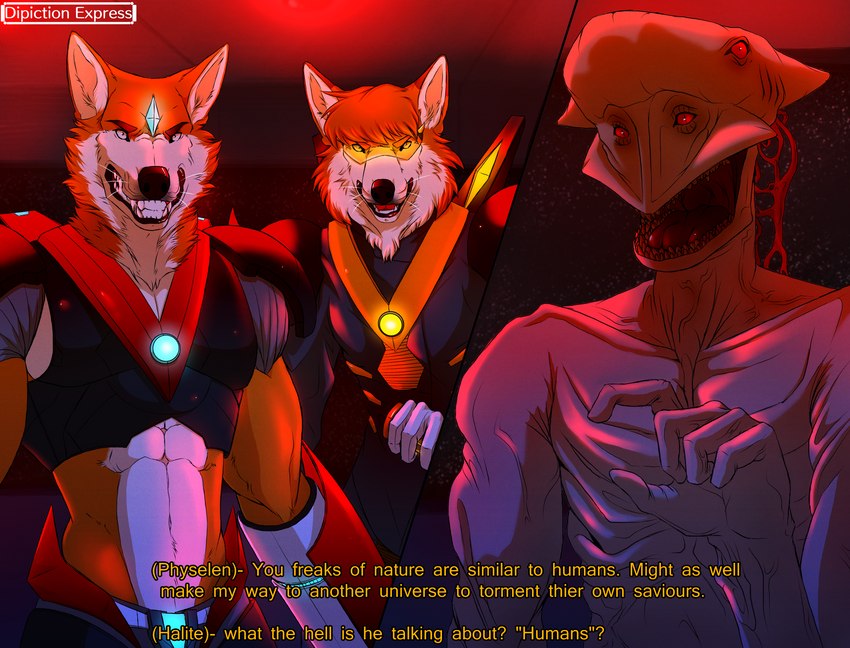 alarm alarmed angry anthro armor clothing confrontation cosmic_background crystal cybernetic_attachment cybernetics dialogue emergency gauntlets gem gesture gills gloves group hand_gesture handwear holding_saber intruder lore machine male muscular muscular_anthro muscular_male orange_armor pointing pointing_at_another red_armor red_eyes red_lighting segmented_armor slim space space_background spacecraft suit_jacket text trio vehicle visor depictionexpress halite_(depictionexpress) physelen_(depictionexpress) vite_(depictionexpress) alien canid canine canis fox humanoid mammal monster monstrous_humanoid wolf absurd_res english_text hi_res