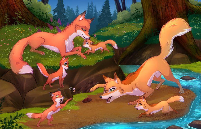 all_fours dipstick_ears ear_markings eye_scar facial_scar family feral fur grass group head_lick multicolored_ears orange_body orange_fur outside plant river scar tree rukifox abby_(rukifox) akane_(rukifox) clay_(rukifox) flint_(rukifox) hiko_(rukifox) rick_(rukifox) canid canine fox mammal 14:9 hi_res father_(lore) mother_(lore) mother_and_father_(lore) parent_(lore)