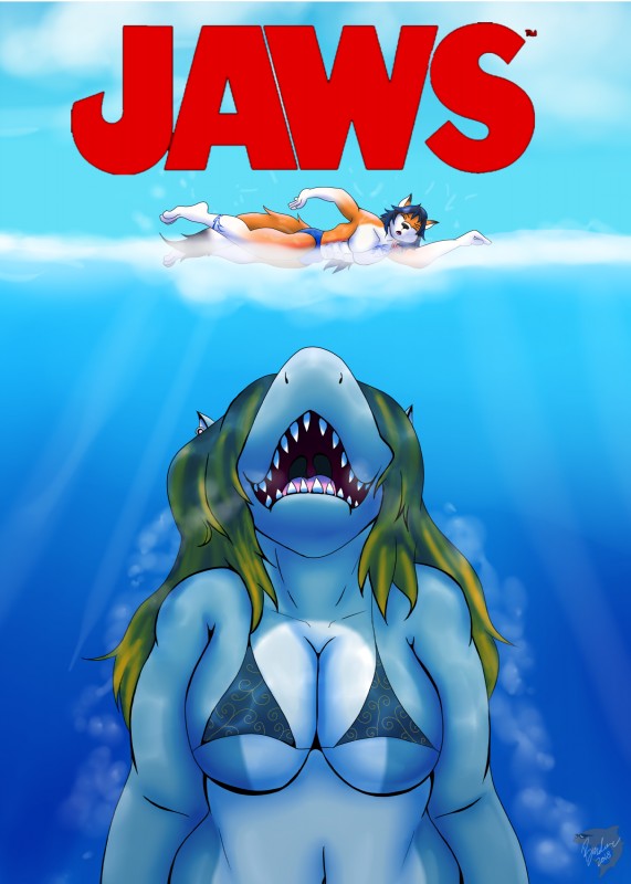 3_toes 5_fingers abs anthro bikini breasts clothing duo ear_piercing feet female fingers fur male movie_poster non-mammal_breasts open_mouth open_smile orange_body orange_fur parody partially_submerged piercing poster poster_template smile swimming swimwear title toes triangle_bikini two-piece_swimsuit underwater uvula water thebmeister jaws_(film) universal_studios alty aurora_(sir-sprinkleton) canid canine fish fox mammal marine red_fox shark true_fox 2018 absurd_res digital_drawing_(artwork) digital_media_(artwork) hi_res