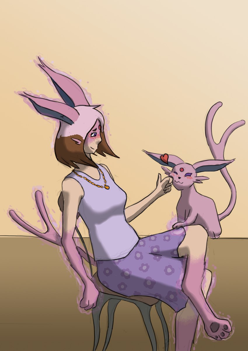 biped black_pawpads blush bottomwear breasts brown_hair chair clothed clothing duo ear_growth female feral forehead_gem forked_tail fully_clothed fur fur_growth furniture gem growth hair handpaw heart_symbol jewelry looking_at_another magic mid_transformation necklace on_chair pawpads paws purple_body purple_eyes purple_fur purple_hair quadruped shirt side_view sitting sitting_on_chair skirt smile species_transformation tail tail_growth topwear transformation transformation_through_magic unusual_anatomy unusual_tail stoneheron nintendo pokemon eeveelution espeon generation_2_pokemon human mammal pokemon_(species) 2018 colored hi_res