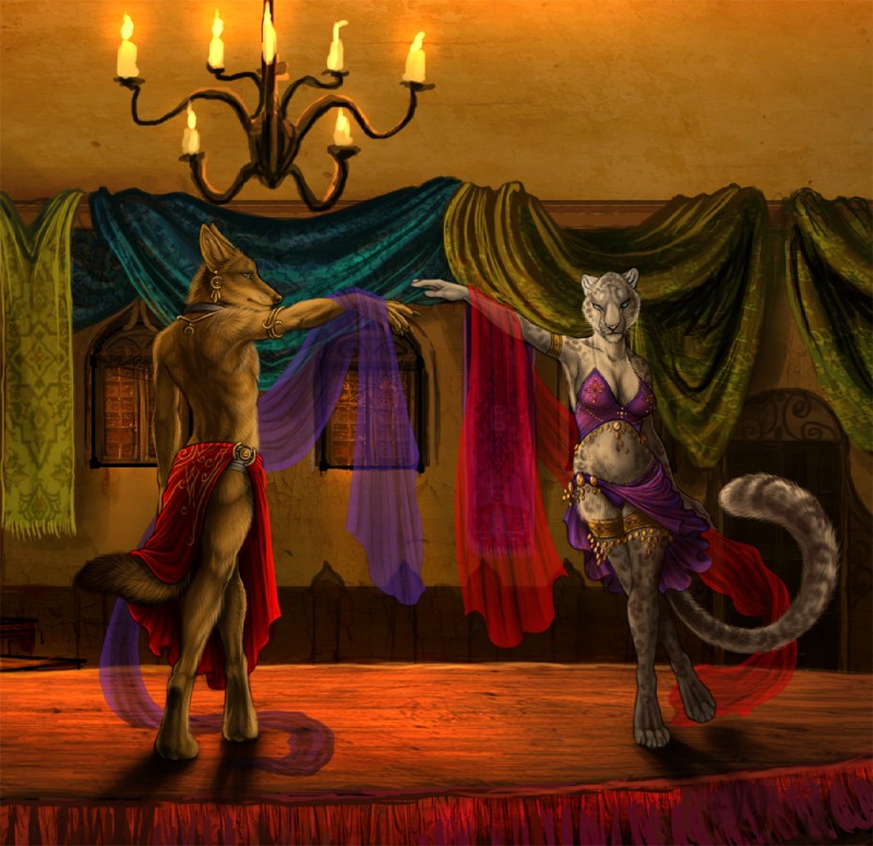 anthro bottomwear clothed clothing collar dancing digitigrade duo female inside jewelry male metal_collar romantic romantic_ambiance romantic_couple skirt tail topless rukis red_lantern amon_(rukis) isolde_(rukis) canid canine canis felid jackal leopard mammal pantherine snow_leopard