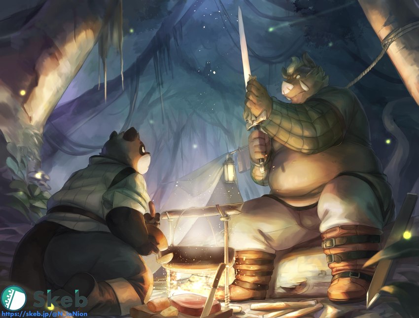 anthro brown_body butt clothing cooking detailed_background duo humanoid_hands kemono male melee_weapon outside overweight overweight_male plant shirt sitting sword topwear tree weapon nion canid canine mammal raccoon_dog suid suine sus_(pig) tanuki wild_boar 2021 hi_res