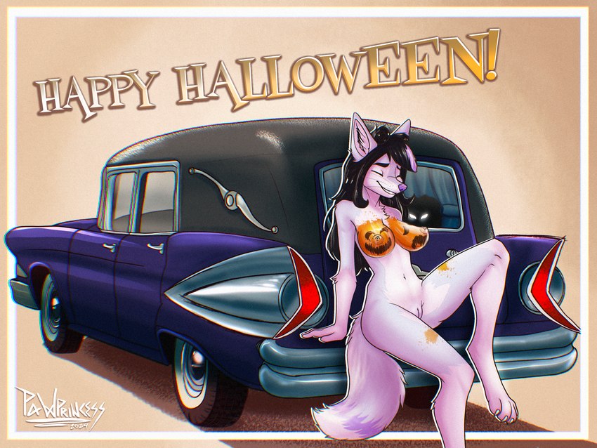 anthro black_hair bodypaint breasts car digitigrade female fur greeting_card hair hearse holidays nude pink_body pink_fur pose solo vehicle pawprincess halloween kinktober kinktober_2024 canid canine fox grey_fox mammal urocyon 4:3 absurd_res colored hi_res pinup