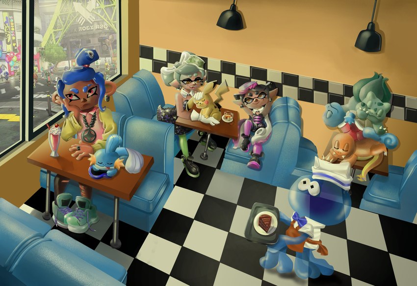 beverage bow_tie cafeteria cake dessert food furniture group jewelry male milkshake sleeping sofa tentacles waiter waiter_suit autenticovadito game_freak nintendo nintendo_switch pokemon splatoon squid_sisters_(splatoon) bulbasaur cephalopod charmander cnidarian coleoid decapodiform generation_1_pokemon generation_3_pokemon humanoid inkling jellyfish marine medusozoan mollusk mudkip octarian octoling pikachu pokemon_(species) squid squirtle absurd_res hi_res