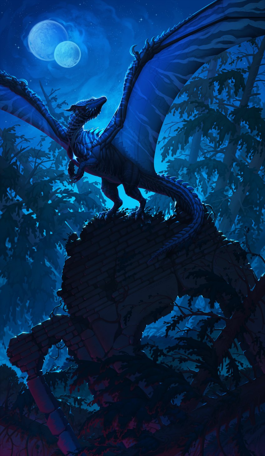 ambiguous_gender blue_body blue_eyes blue_horn blue_scales blue_wings claws feral forest horn moon moss night outside plant ruins scales solo spiked_tail spikes spikes_(anatomy) spread_wings striped_body striped_wings stripes tail tree wings polunoch european_mythology mythology dragon mythological_creature mythological_scalie scalie western_dragon absurd_res hi_res