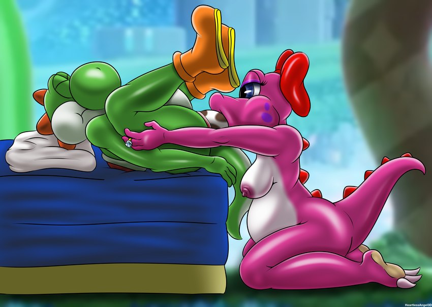 ambiguous_gender anthro bed belly big_belly breasts claws clothing duo egg egg_in_mouth egg_insertion eyes_closed female female/ambiguous footwear furniture green_body lying on_back oviposition pillow pink_body pregnant ribbons ring shoes spots toe_claws white_body heartlessangel3d mario_bros nintendo birdo dinosaur prehistoric_species reptile scalie yoshi absurd_res hi_res