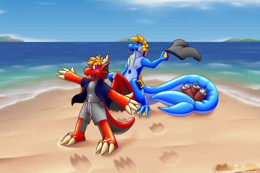 3_toes 4_fingers >:) agender air_tank air_valve anthro barbel_(anatomy) beach big_tail blue_body blue_clothing blue_eyes blue_shirt blue_topwear bottomwear cheek_frill claws clothing cooler detailed_background digitigrade duo ear_frill feet finger_claws fingers flesh_whiskers frill_(anatomy) grey_body grey_bottomwear grey_clothing grey_pupils grey_shorts grey_tongue hair handle handles_on_back handles_on_hips horn huge_tail inflatable looking_at_viewer male mane markings membrane_(anatomy) membranous_wings no_pupils open_mouth open_smile orange_hair orange_markings pupils red_body seaside shirt shorts smile spade_tail tail tan_claws tan_horn teeth toe_claws toes tongue topwear webbed_feet webbed_hands wings yellow_frill darkoverord european_mythology mythology darkoverord_occassus rigel_(darkoverord) animate_inanimate dragon eastern_dragon living_inflatable mythological_creature mythological_scalie scalie western_dragon 2023 3:2 color_contrast digital_media_(artwork) hi_res